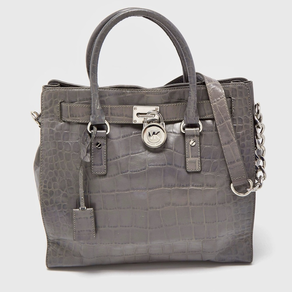 MICHAEL KORS Grey Crocodile Embossed Hamilton Chain Satchel Leather Bag Purse
